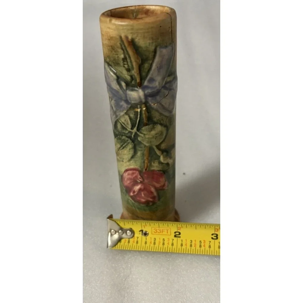Vintage Ceramic Bud Vase Hand Painted Raised Flowers Blue Bow 6.5